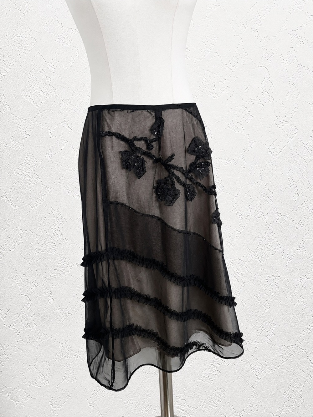 Sheer Black Mesh Midi Skirt Goth Fairycore Floral Applique Overlay M